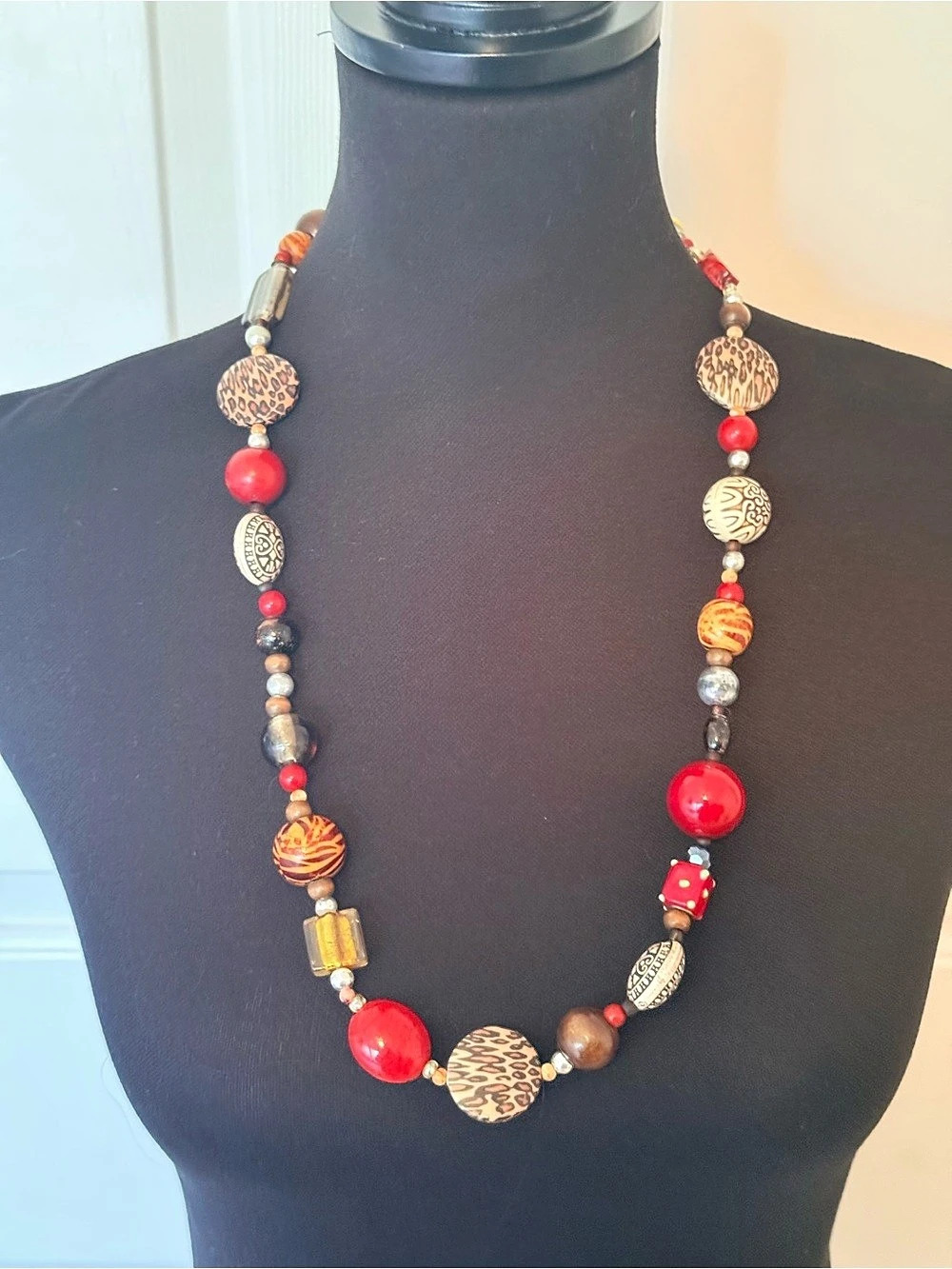 Bohemian Beaded Animal Print Necklace Art Glass, Wood carved